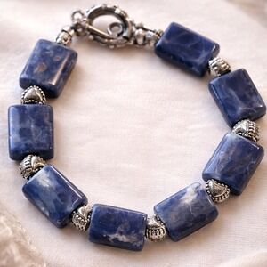 Blue Sodalite Rectangular Stone Bead Bracelet Silver Heart Accents Toggle Clasp